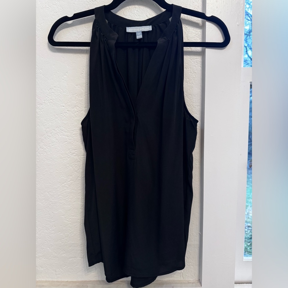 Antonio Melani Black Sleeveless Blouse Medium | Satin Trim V-Neck Career Top